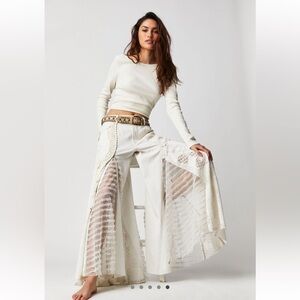 Free People Cream Wide Leg Pants with Ruffles and Detailing